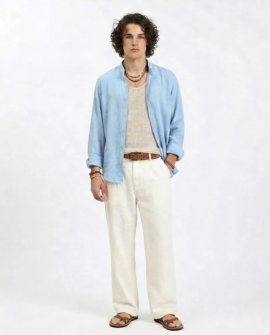 Ravin | Men's Sky Blue Premium-Blend Mandarin Collar Shirt - Baby Blue - R209098 - Image 3
