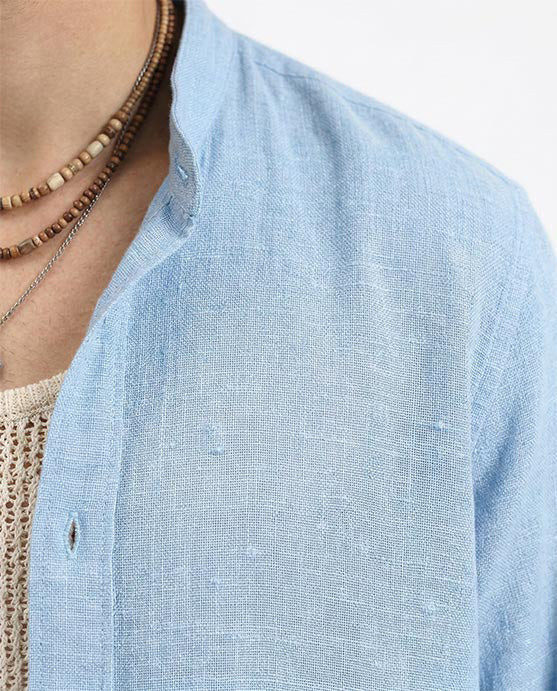 Ravin | Men's Sky Blue Premium-Blend Mandarin Collar Shirt - Baby Blue - R209098 - Image 4