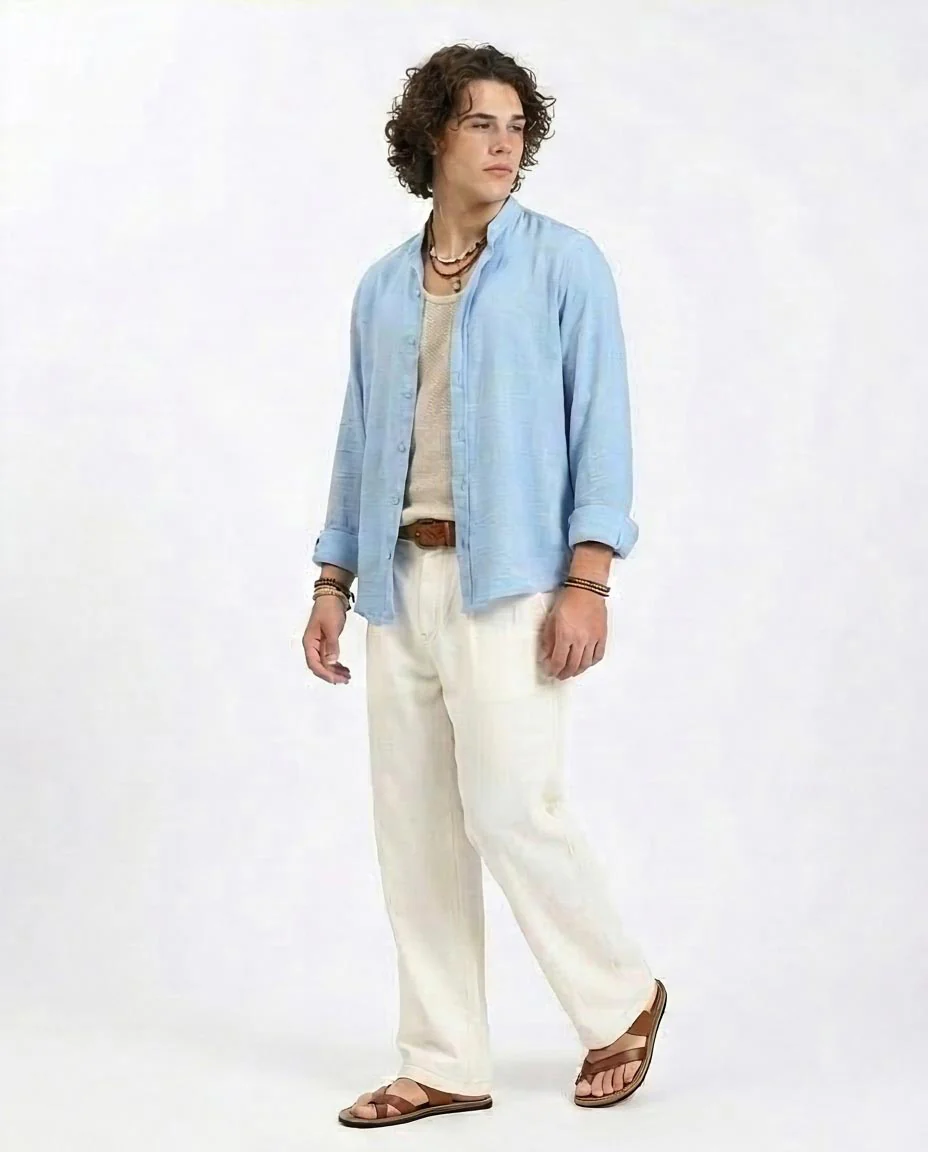 Ravin | Men's Sky Blue Premium-Blend Mandarin Collar Shirt - Baby Blue - R209098 - Image 5