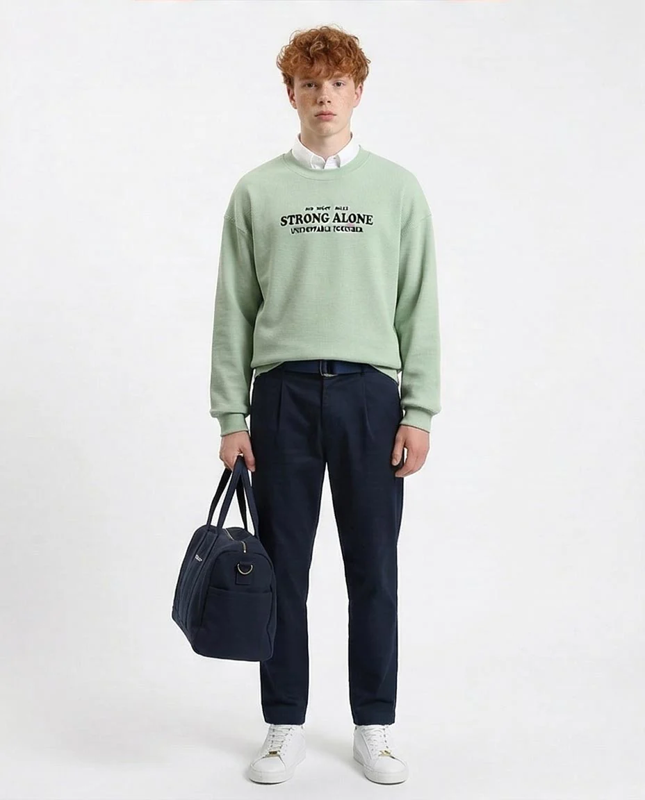 Ravin Men’s "Strong Alone" Waffle Knit Graphic Sweatshirt Embroidery - Mint - R215317 - Image 4