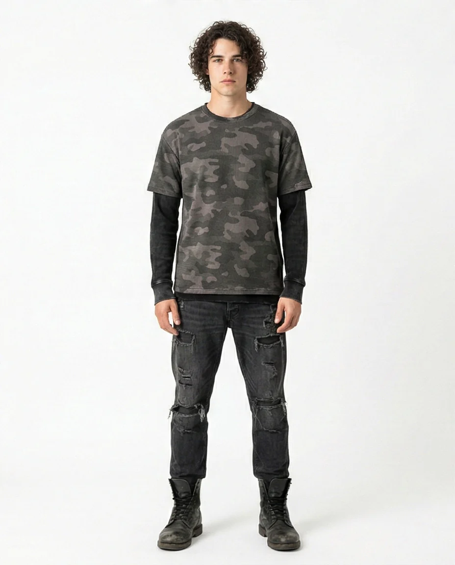 Men's Layered Camo Texture Crew Neck T-Shirt - R216801 - Image 3