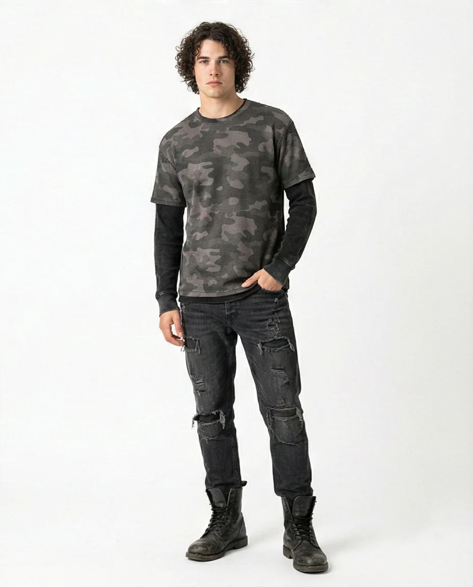 Men's Layered Camo Texture Crew Neck T-Shirt - R216801 - Image 4