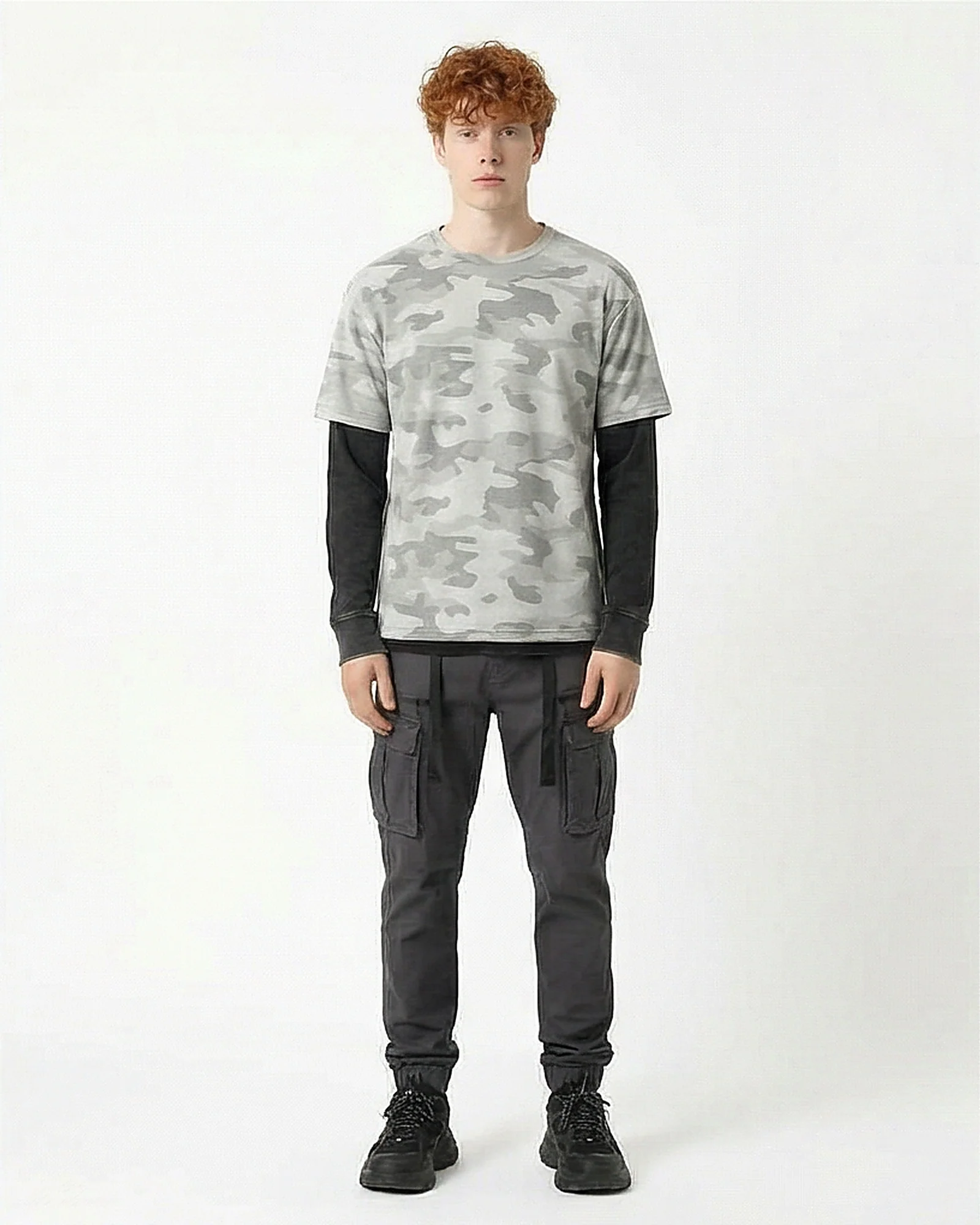 Grey Camo Print Faux Layered Long Sleeve Tee - R216802 - Image 3
