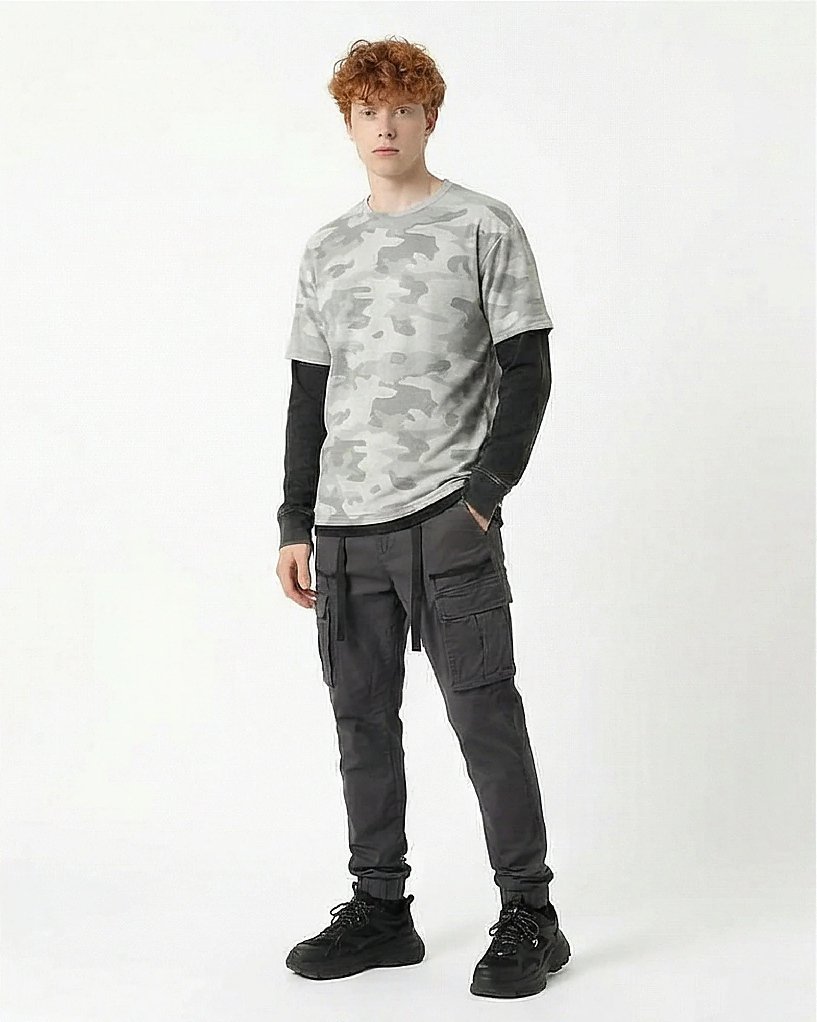 Grey Camo Print Faux Layered Long Sleeve Tee - R216802 - Image 4