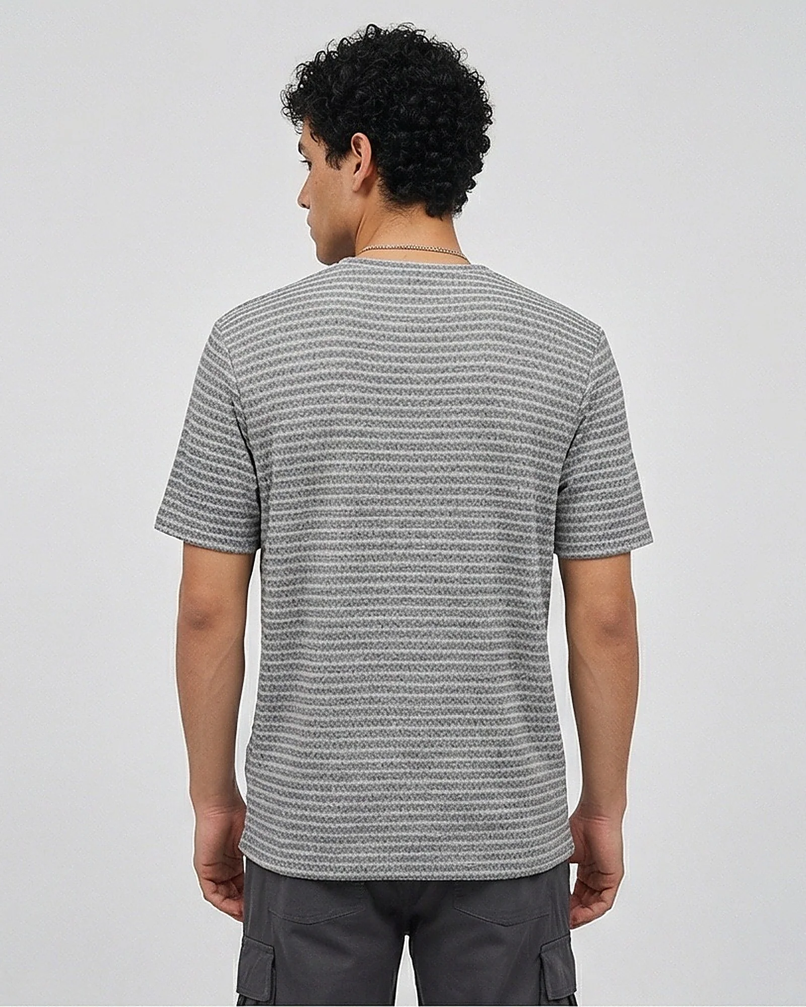 Grey Textured Micro-Stripe Crew Neck T-Shirt - R216886 - Image 2