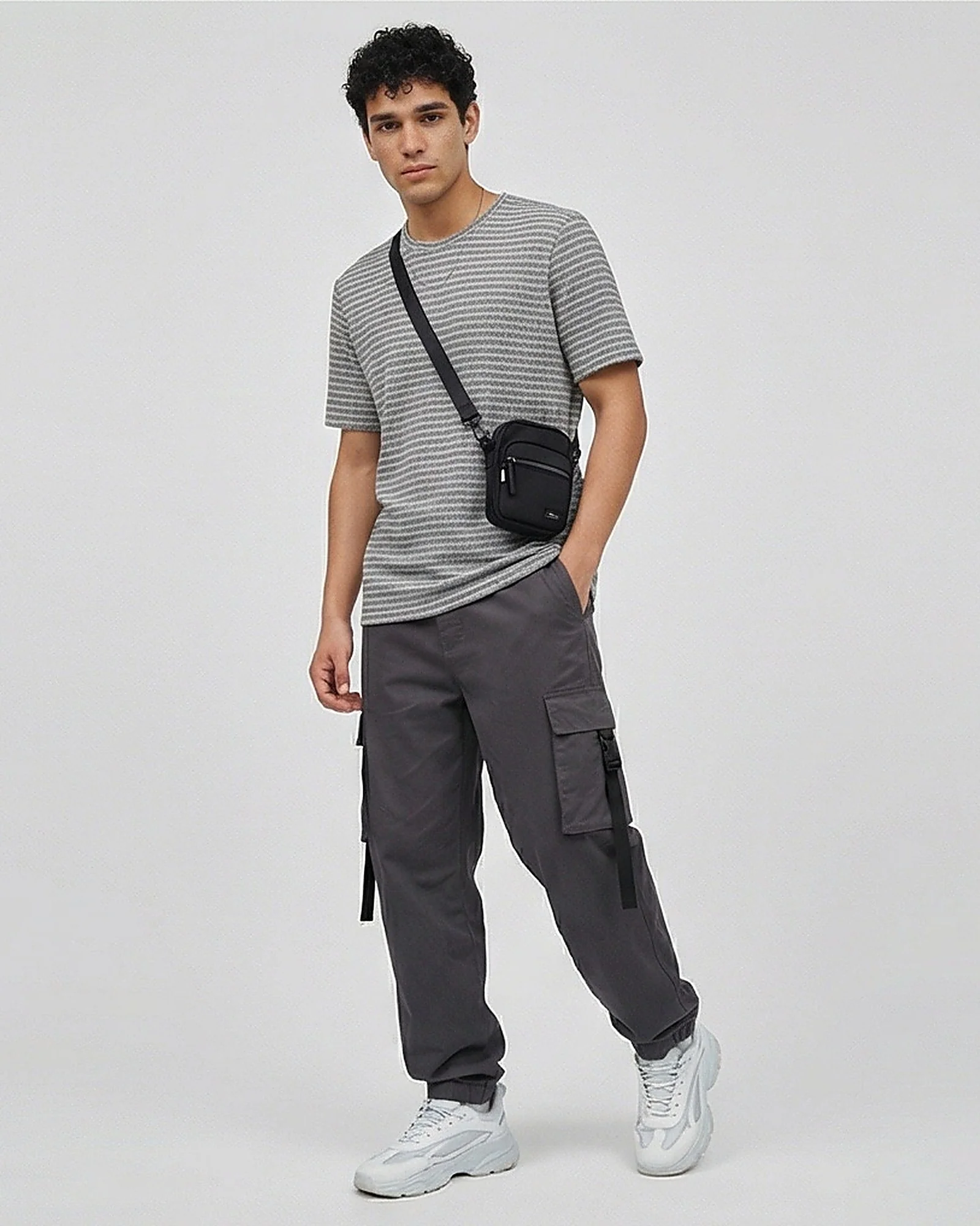 Grey Textured Micro-Stripe Crew Neck T-Shirt - R216886 - Image 3