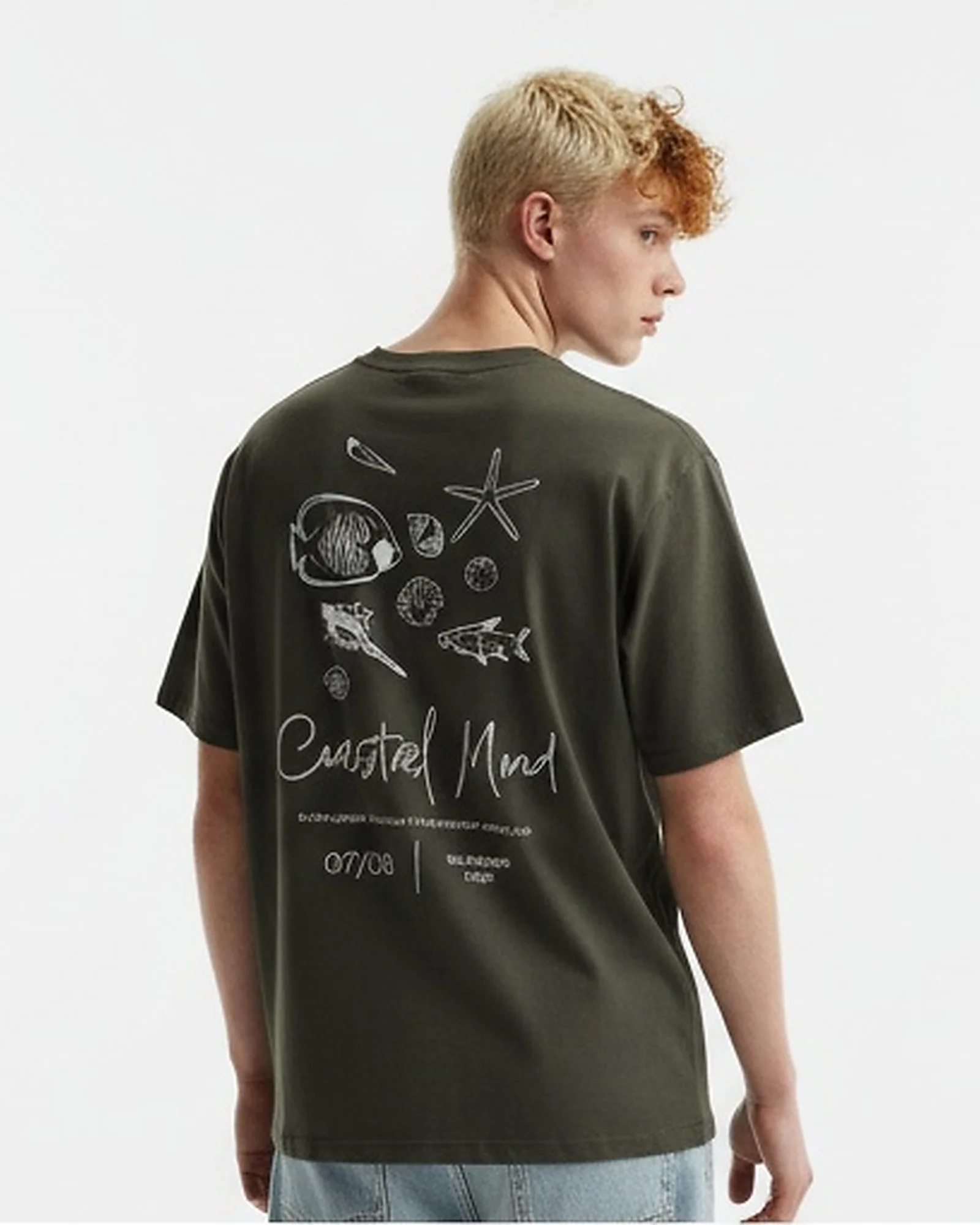 Olive Green Coastal Mood Graphic Back Print T-Shirt - R216295 - Image 2