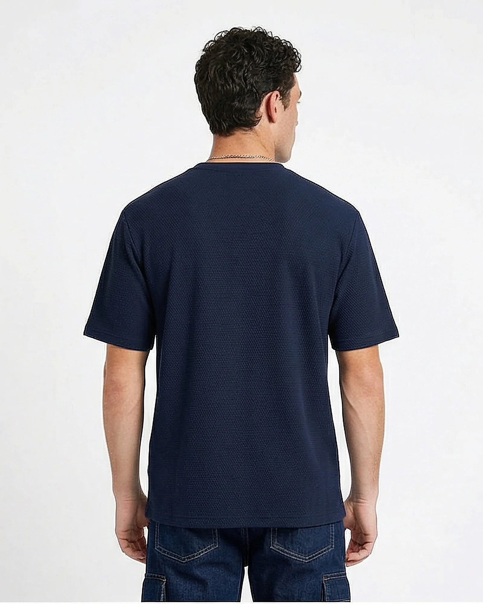 Navy Textured Honeycomb Knit Pocket T-Shirt - R216721 - Image 2