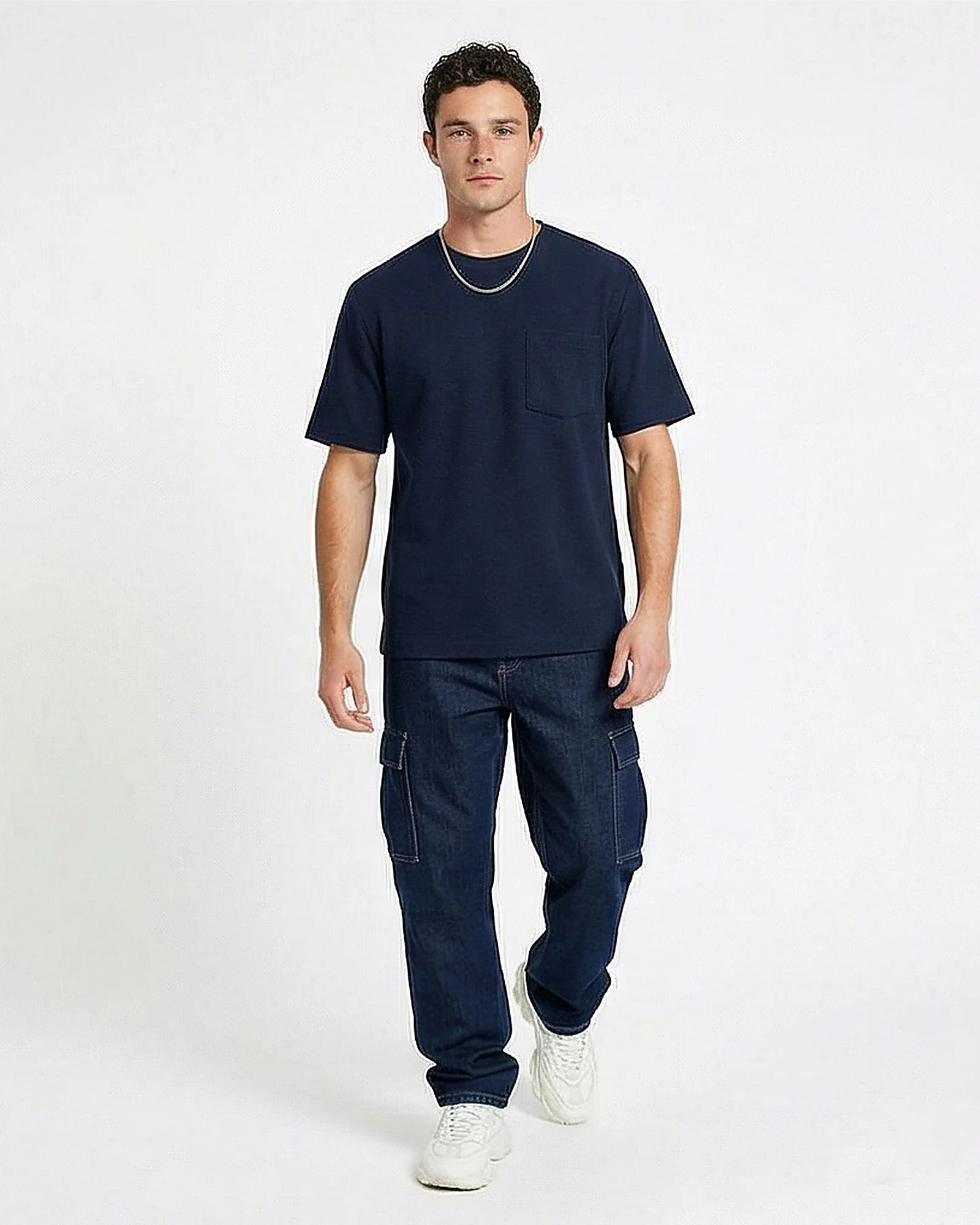 Navy Textured Honeycomb Knit Pocket T-Shirt - R216721 - Image 3