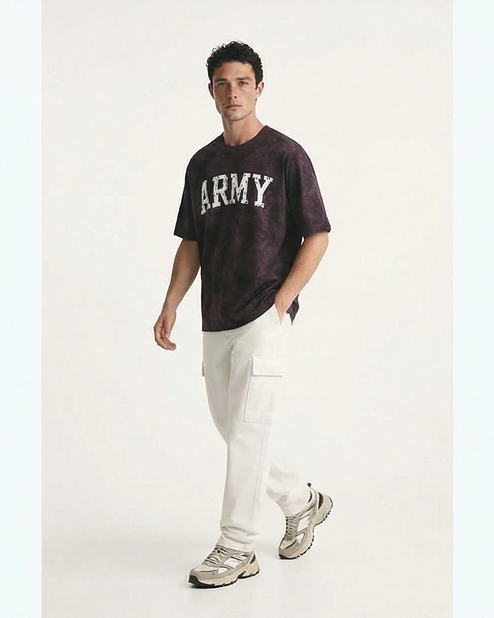 Washed Purple 'ARMY' Graphic Oversized T-Shirt - R216848 - Image 3