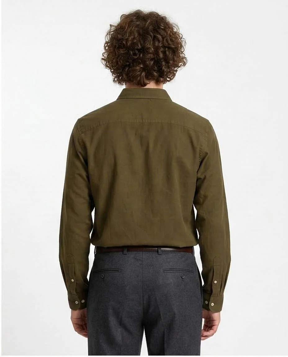 Ravin Men’s Tailored Fit Olive Green Long-Sleeve Shirt - Textured Cotton Blend - R206395 - Image 2