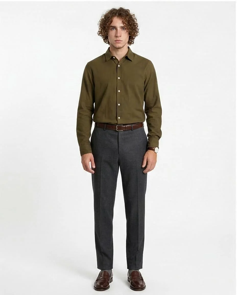 Ravin Men’s Tailored Fit Olive Green Long-Sleeve Shirt - Textured Cotton Blend - R206395 - Image 3