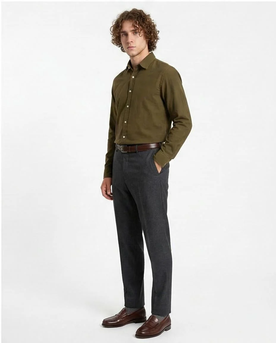 Ravin Men’s Tailored Fit Olive Green Long-Sleeve Shirt - Textured Cotton Blend - R206395 - Image 5
