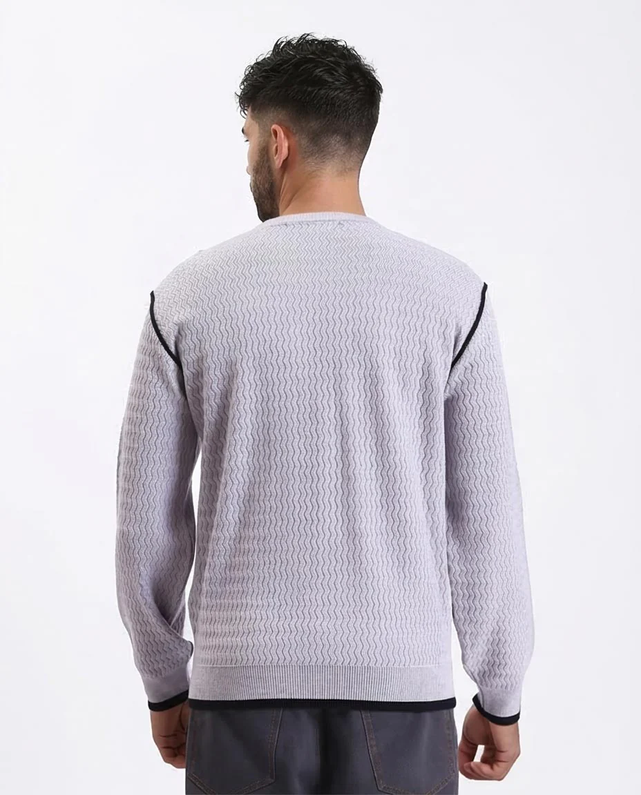 Ravin Men's Textured Chevron Knit Crewneck Sweater with Contrast Piping - Grey - R214489 - Image 2