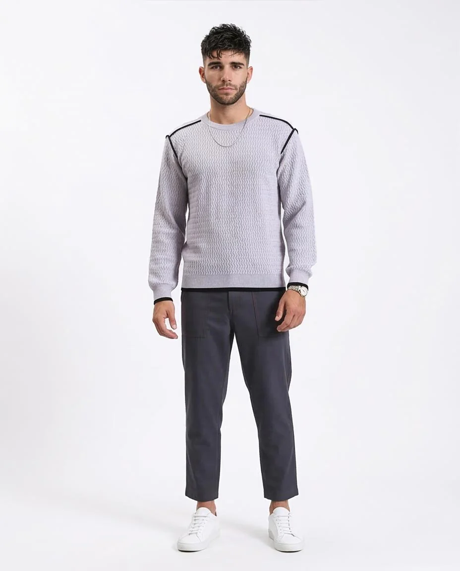 Ravin Men's Textured Chevron Knit Crewneck Sweater with Contrast Piping - Grey - R214489 - Image 3