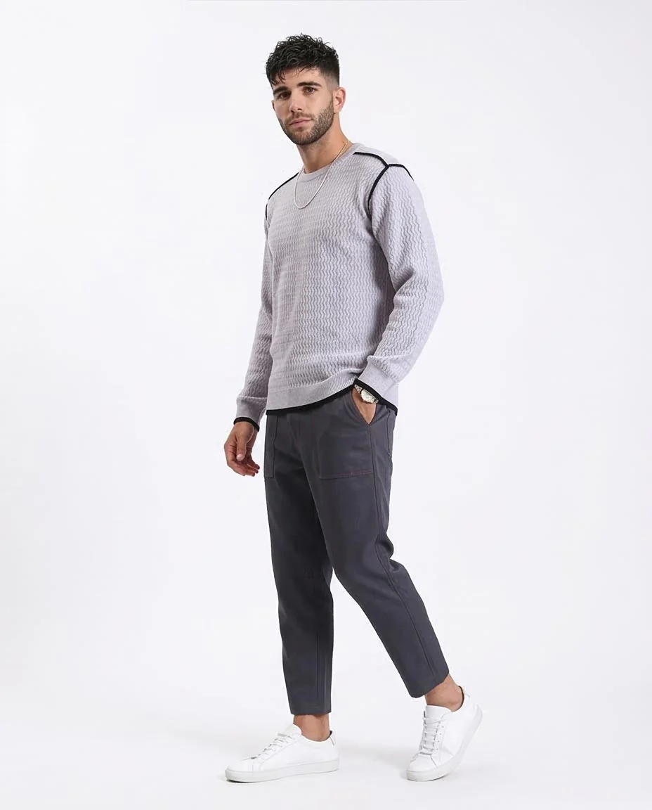Ravin Men's Textured Chevron Knit Crewneck Sweater with Contrast Piping - Grey - R214489 - Image 5