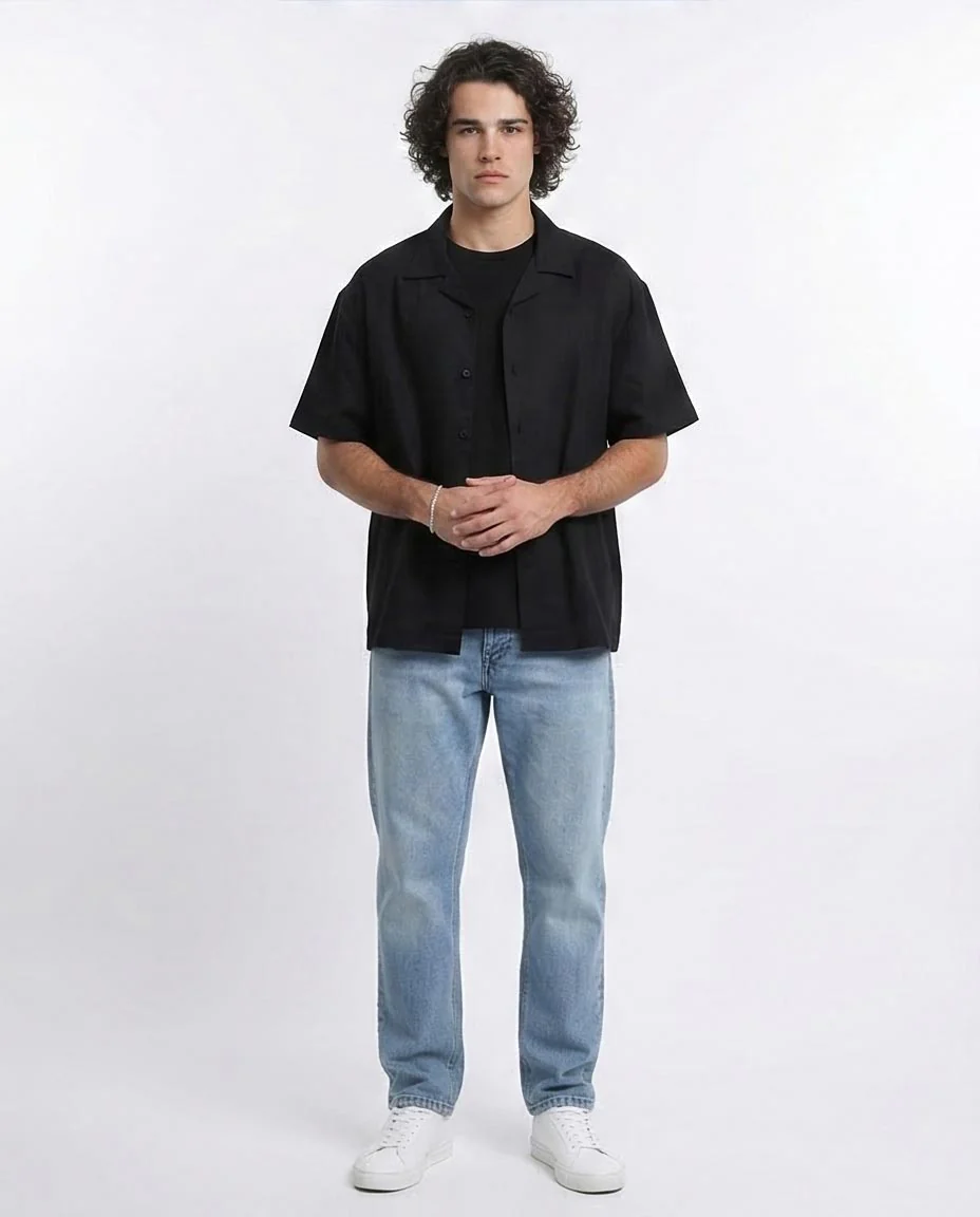 RAVIN | Men's Textured Cuban Collar Short Sleeve Shirt - Black - R209812 - Image 3