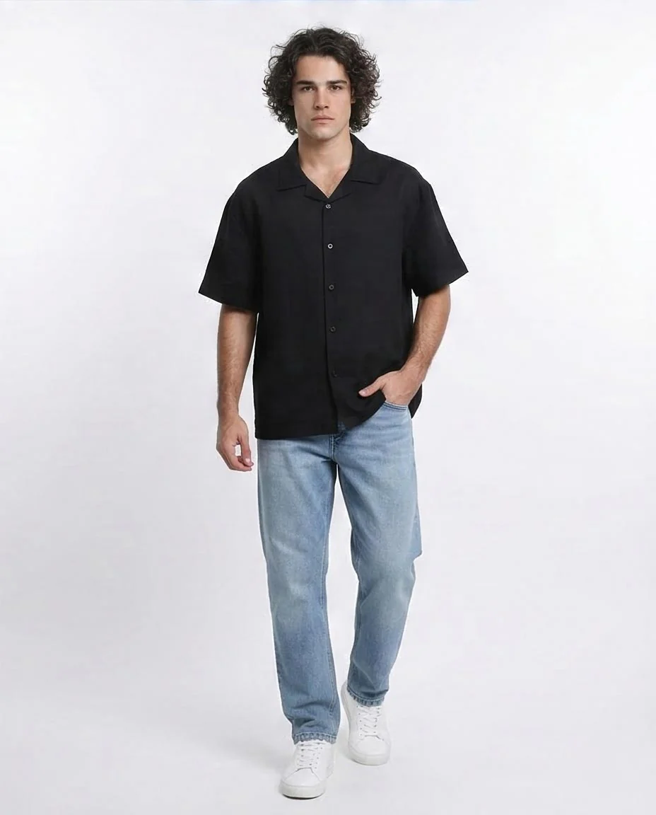 RAVIN | Men's Textured Cuban Collar Short Sleeve Shirt - Black - R209812 - Image 5