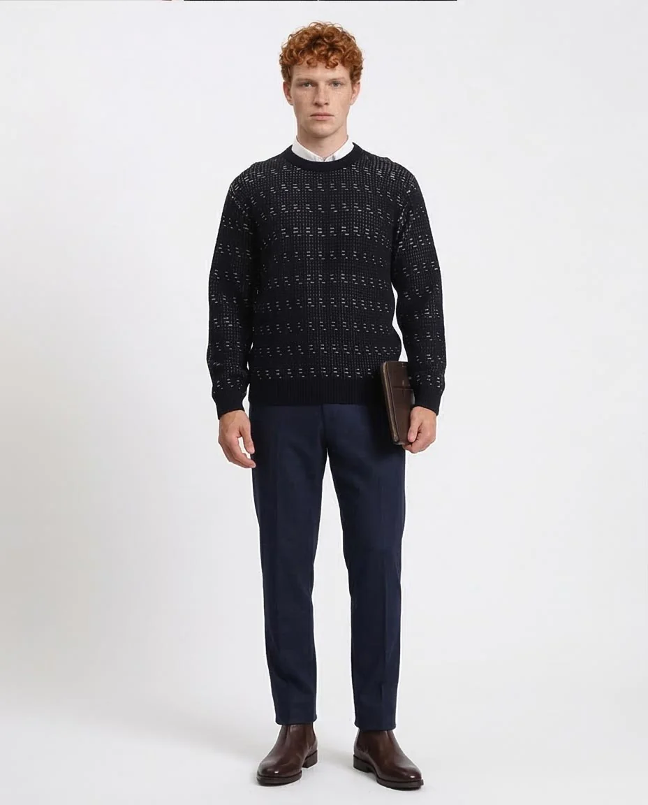 Ravin Men’s Textured Knit Crew-Neck Sweater – Black & White Fleck - R214493 - Image 3