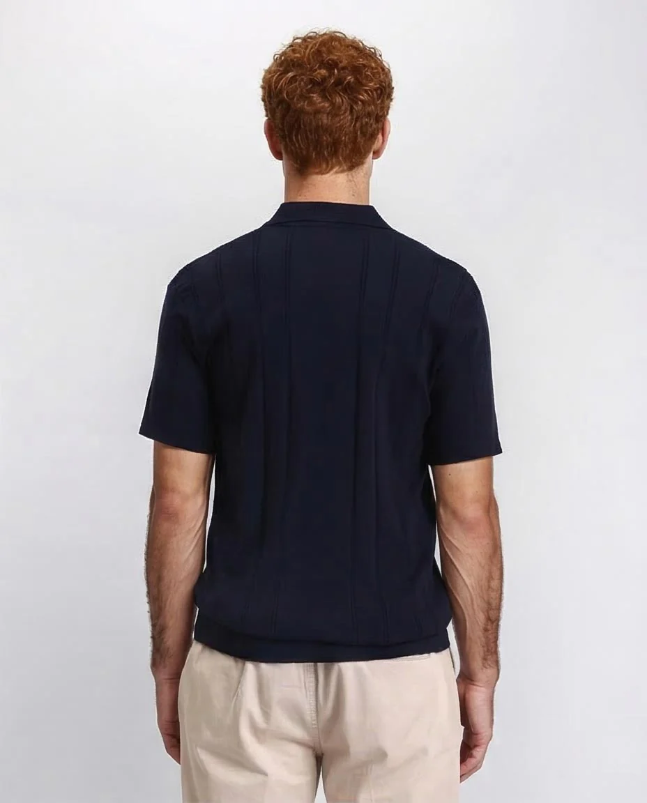 Ravin Men’s Textured Knit Split-Neck Polo – Navy Blue Ribbed Short Sleeve - R213773 - Image 2