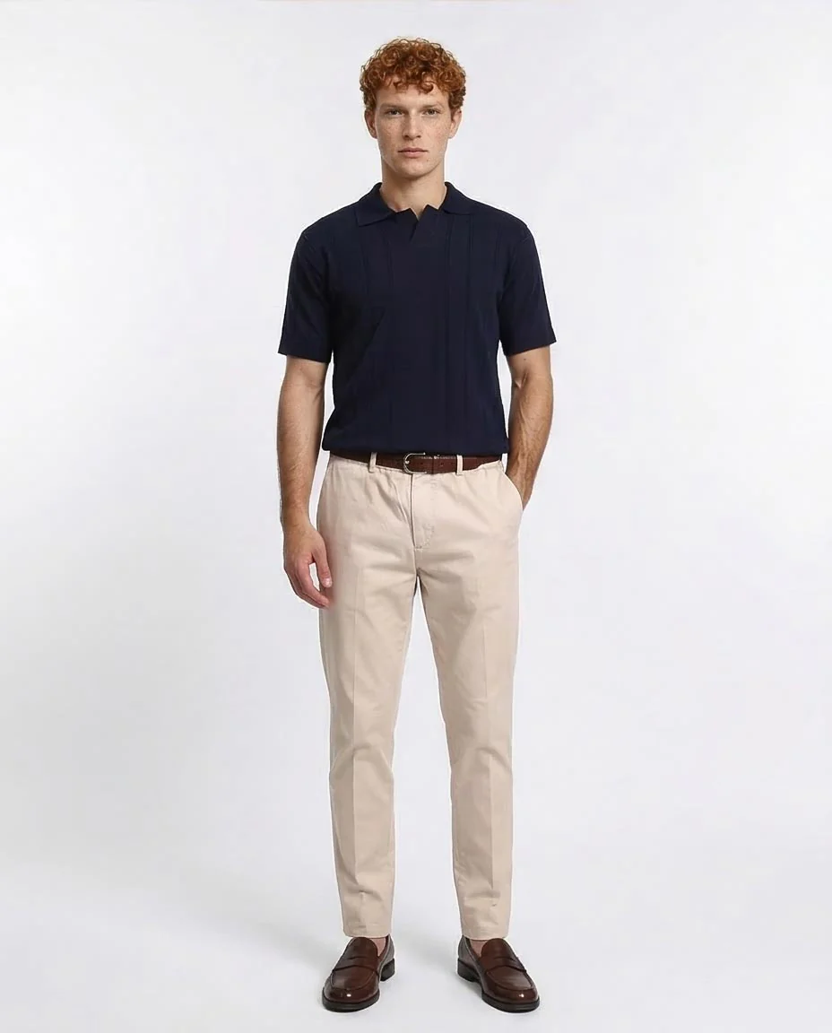 Ravin Men’s Textured Knit Split-Neck Polo – Navy Blue Ribbed Short Sleeve - R213773 - Image 3