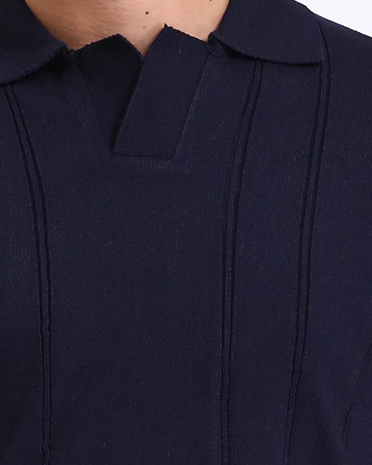 Ravin Men’s Textured Knit Split-Neck Polo – Navy Blue Ribbed Short Sleeve - R213773 - Image 4