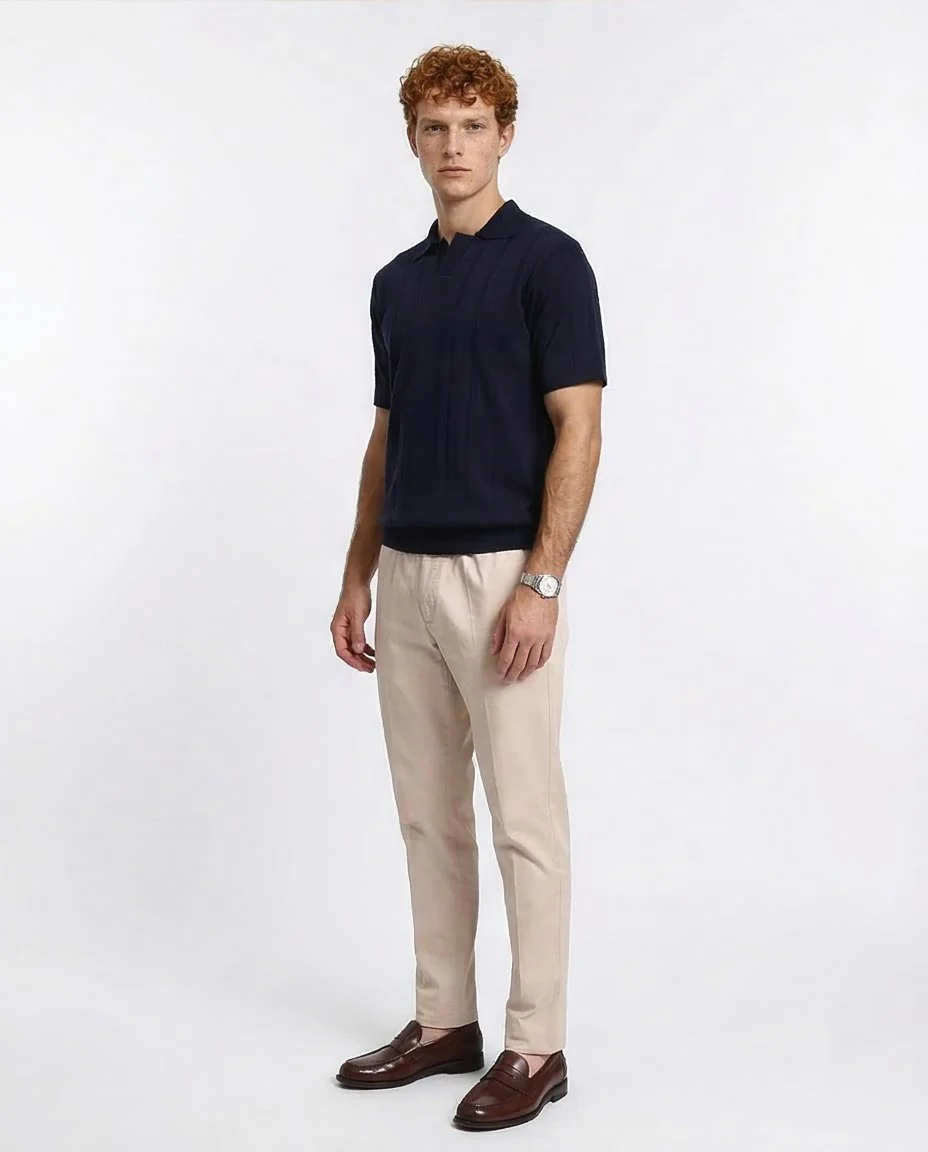 Ravin Men’s Textured Knit Split-Neck Polo – Navy Blue Ribbed Short Sleeve - R213773 - Image 5