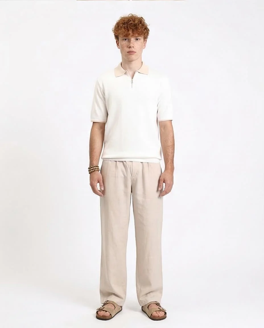 Ravin Men's Textured Knit Zip-Polo with Contrast Collar - Light Beige - R213029 - Image 3