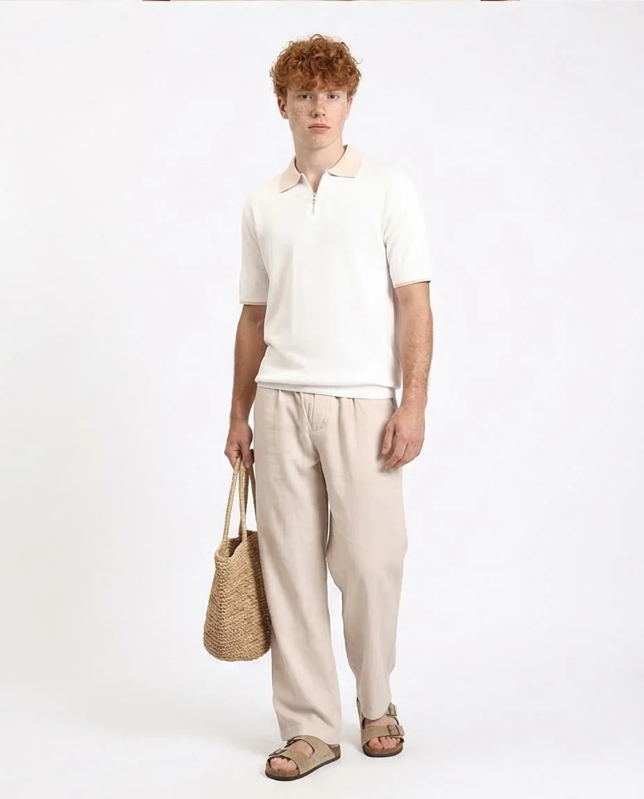 Ravin Men's Textured Knit Zip-Polo with Contrast Collar - Light Beige - R213029 - Image 5