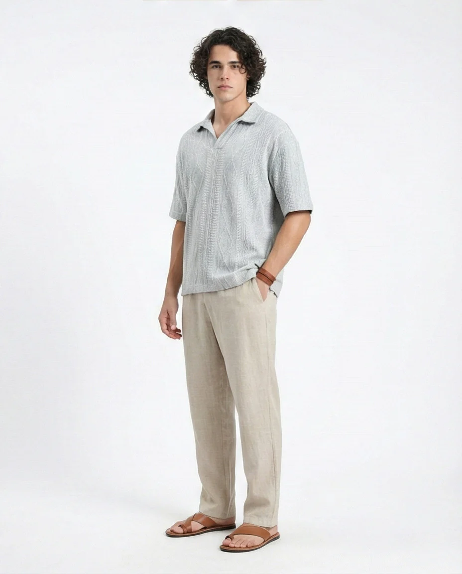 Ravin Men's Light Grey Textured Knit Polo Shirt - Image 3