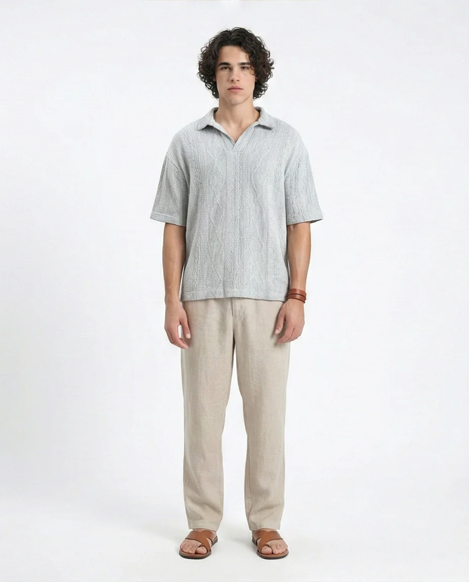Ravin Men's Light Grey Textured Knit Polo Shirt - Image 4