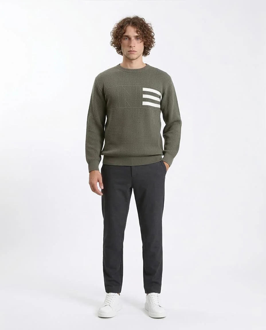 Ravin Men’s Textured Olive Knit Sweater with Signature Stripe Detail - R214478 - Image 3
