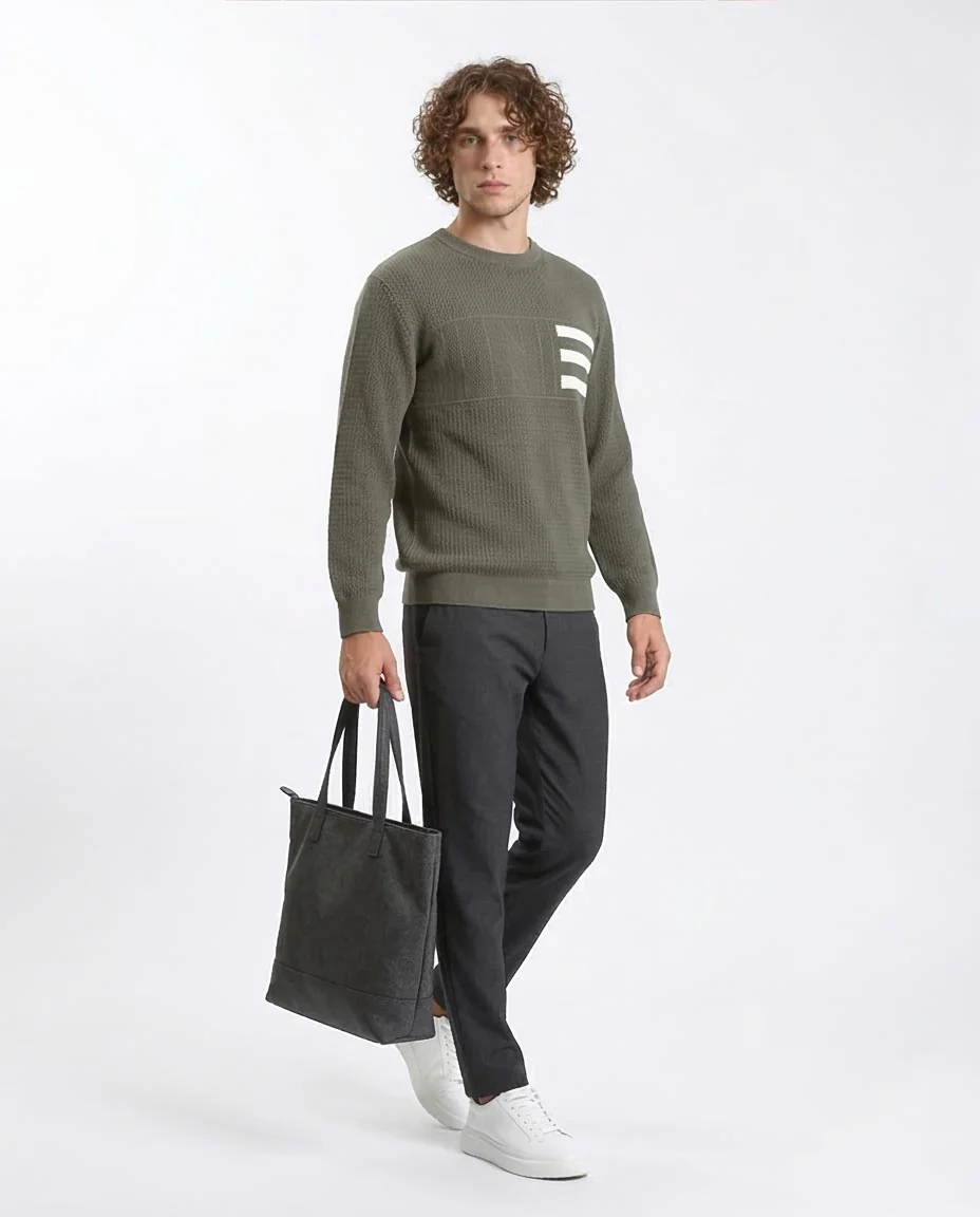 Ravin Men’s Textured Olive Knit Sweater with Signature Stripe Detail - R214478 - Image 5