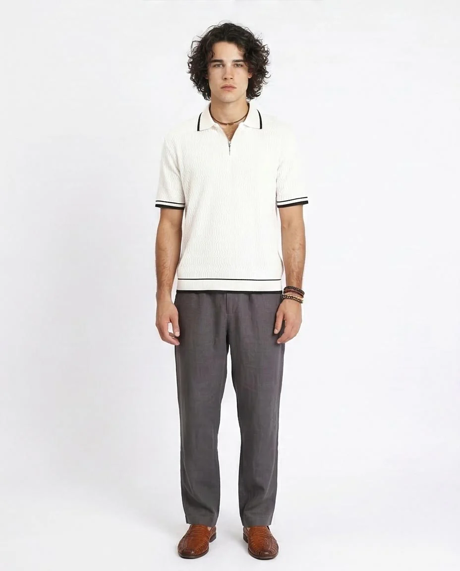 Ravin Men's Textured Quarter-Zip Polo - Cream/Black - R213025 - Image 3