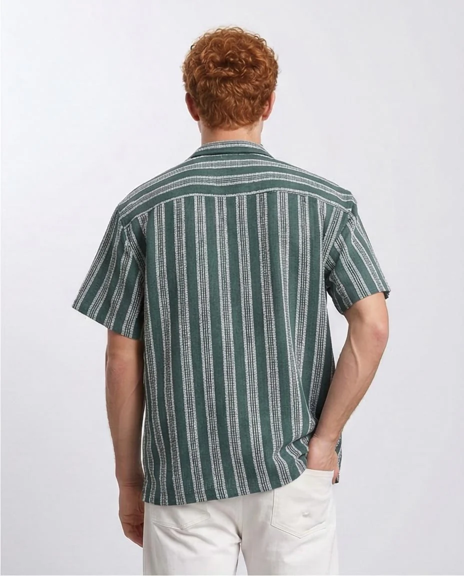 Ravin | Men's Textured Striped Camp Collar Shirt – Forest Green - R208103 - Image 2