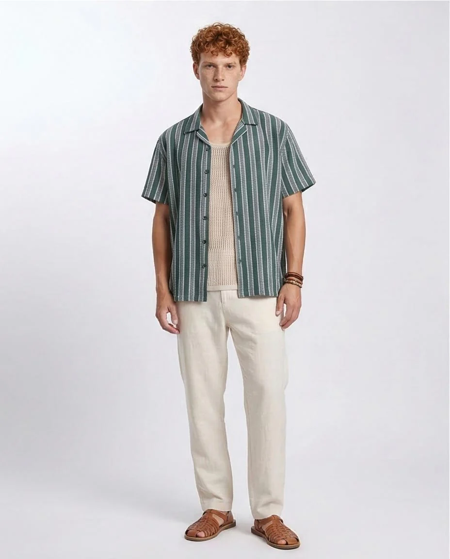 Ravin | Men's Textured Striped Camp Collar Shirt – Forest Green - R208103 - Image 3