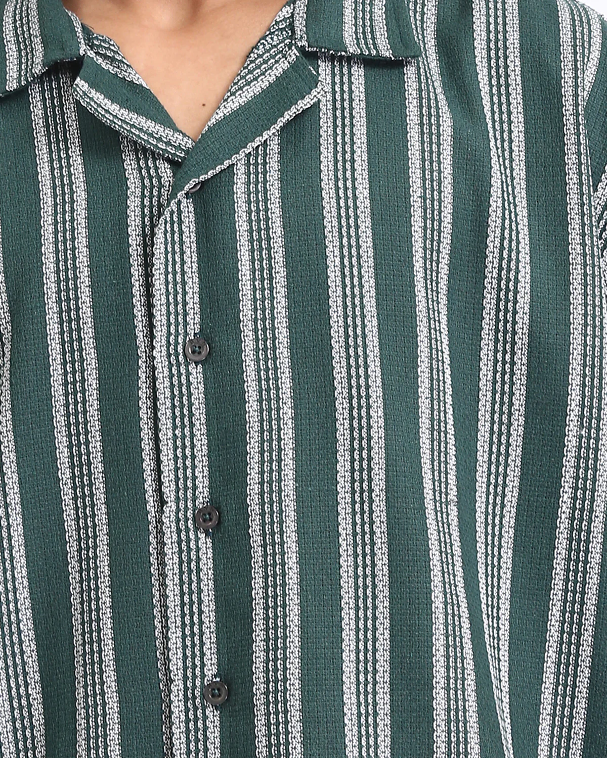Ravin | Men's Textured Striped Camp Collar Shirt – Forest Green - R208103 - Image 4