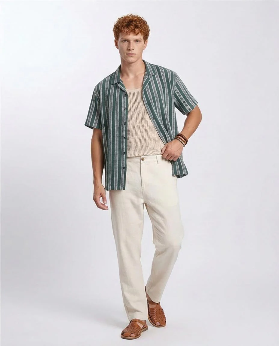 Ravin | Men's Textured Striped Camp Collar Shirt – Forest Green - R208103 - Image 5