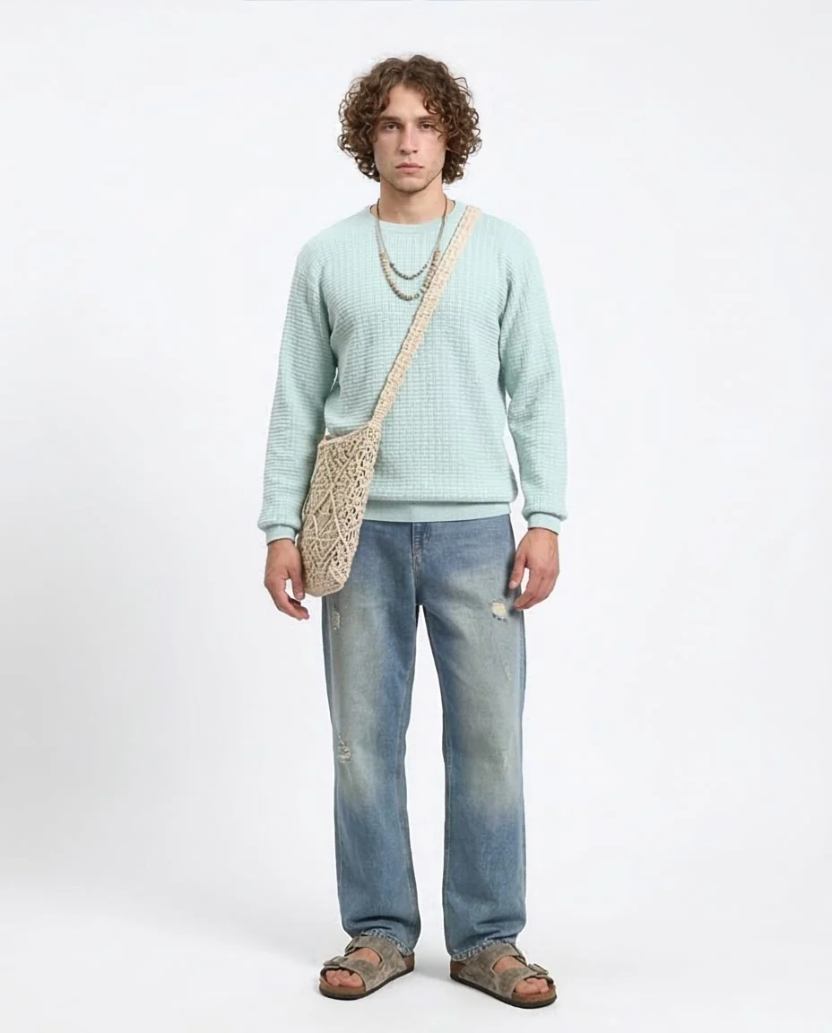 Ravin Men’s Textured Waffle-Knit Crew Neck Sweater - Aqua - R214480 - Image 3