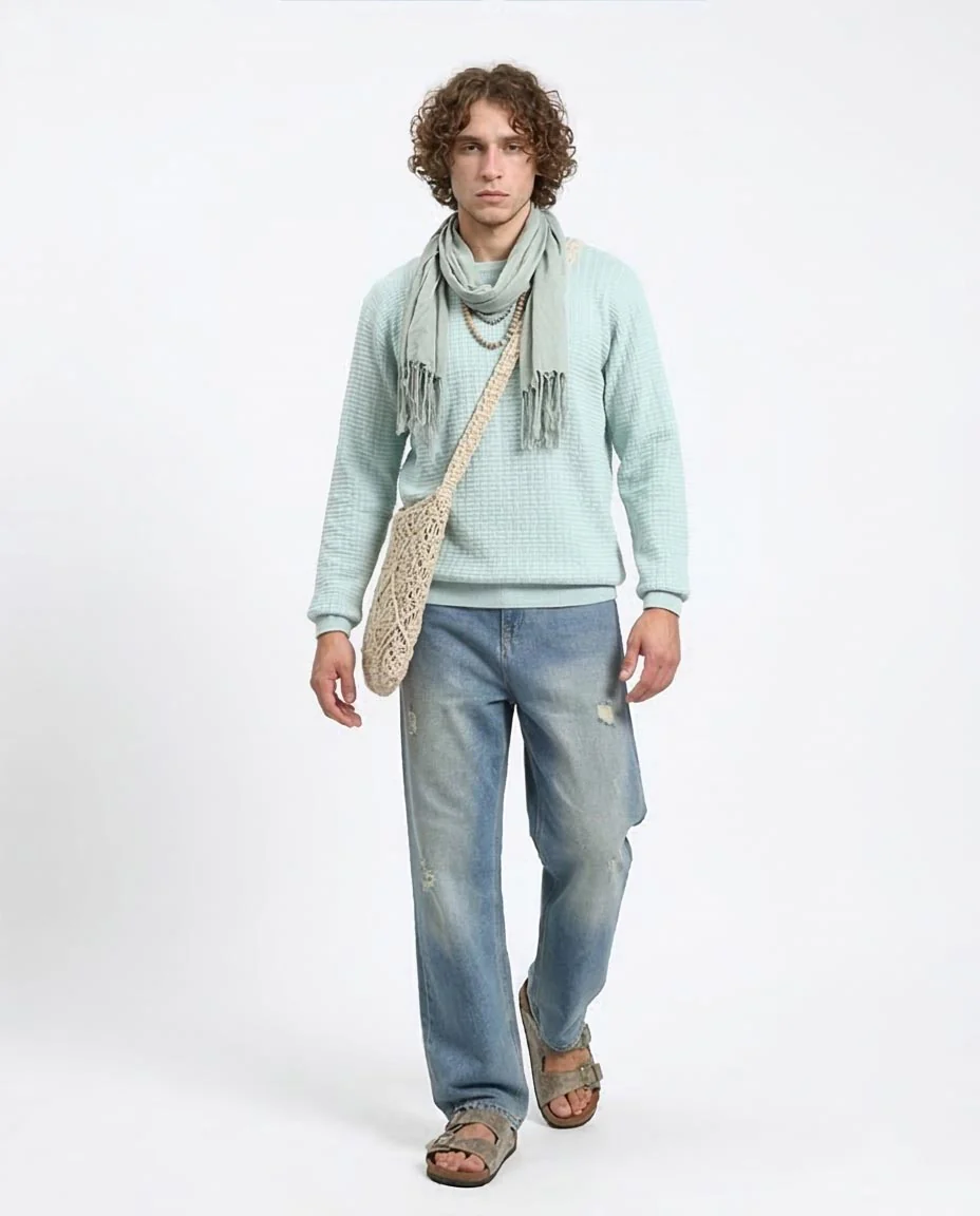 Ravin Men’s Textured Waffle-Knit Crew Neck Sweater - Aqua - R214480 - Image 5