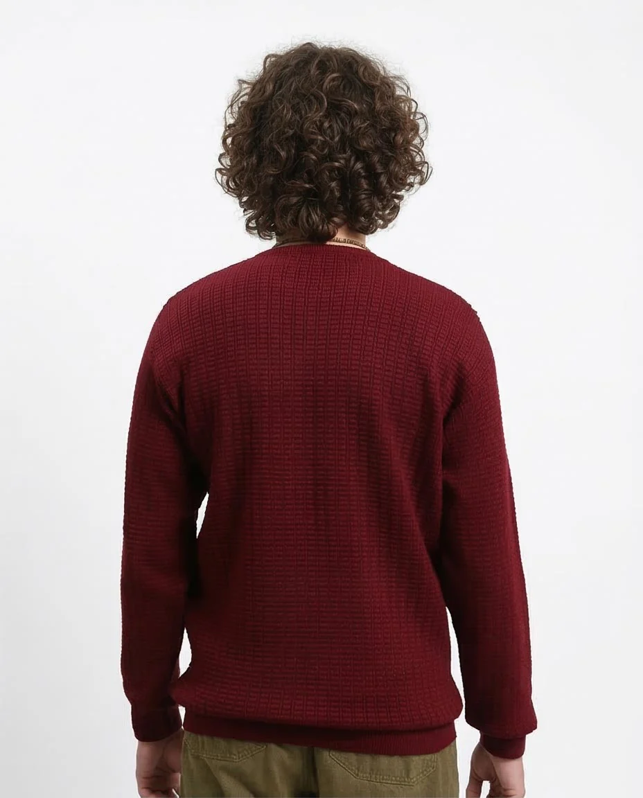 Ravin Men’s Textured Waffle-Knit Crewneck Sweater – Burgundy - R214482 - Image 2