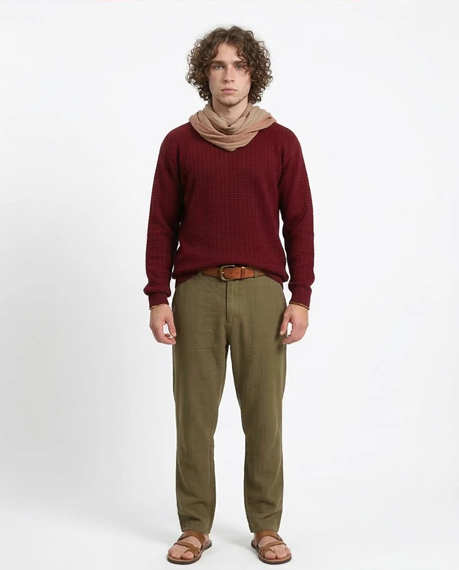 Ravin Men’s Textured Waffle-Knit Crewneck Sweater – Burgundy - R214482 - Image 3