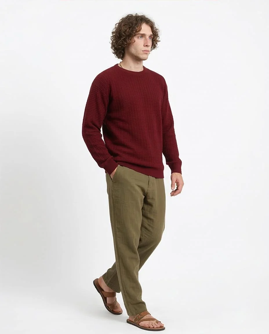 Ravin Men’s Textured Waffle-Knit Crewneck Sweater – Burgundy - R214482 - Image 5