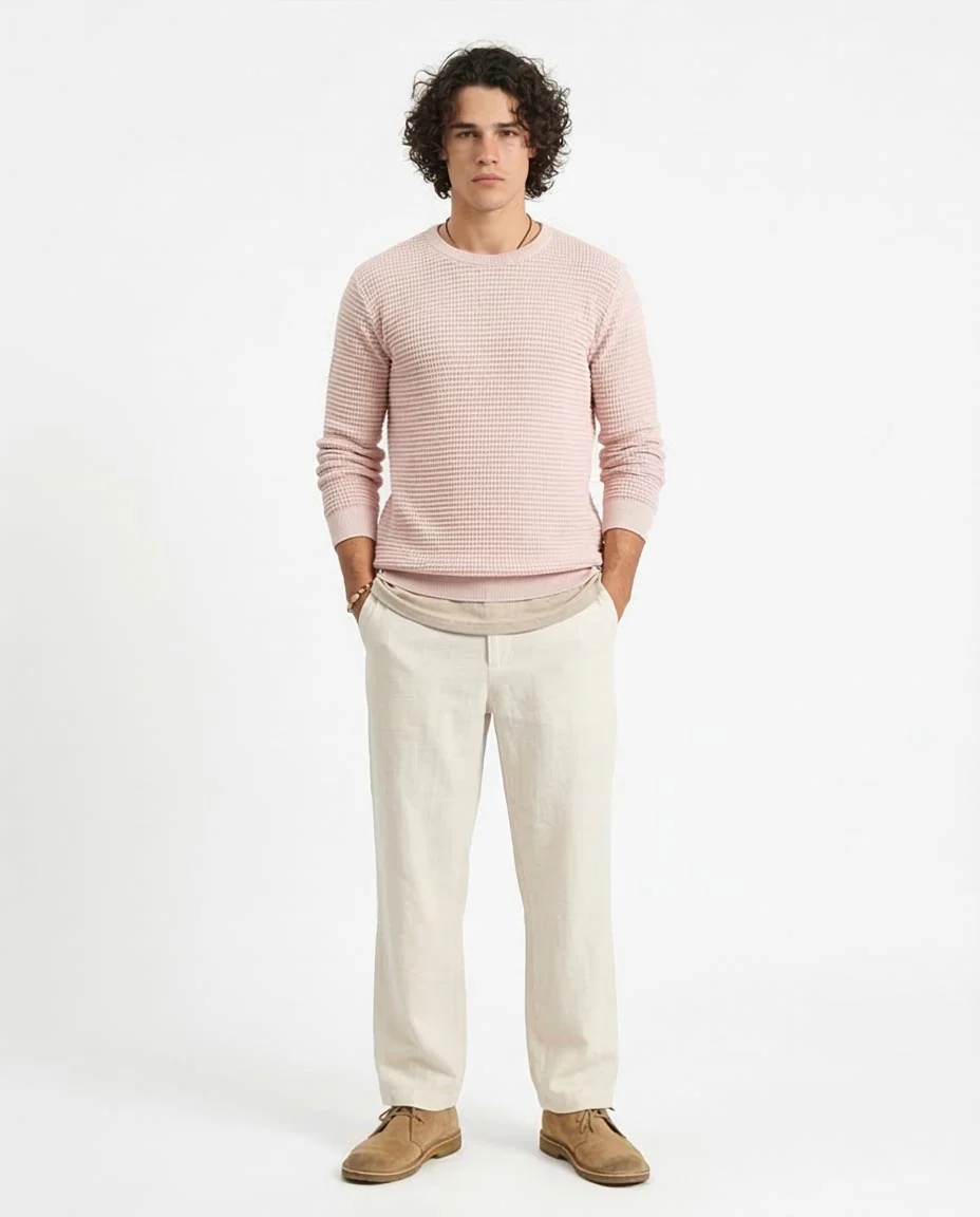 Ravin Men’s Textured Waffle-Knit Crewneck Sweater – Pale Blush - R214485 - Image 3