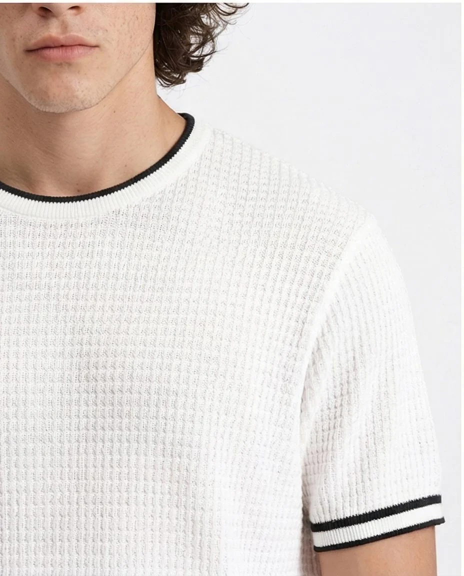 Ravin Men's Textured Waffle-Knit Crewneck with Contrast Tipping - White -R209203 - Image 3