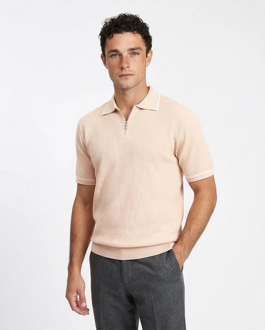 Ravin Men's Tipped Diamond-Knit Quarter-Zip Polo - Apricot - R213033 - Image 5