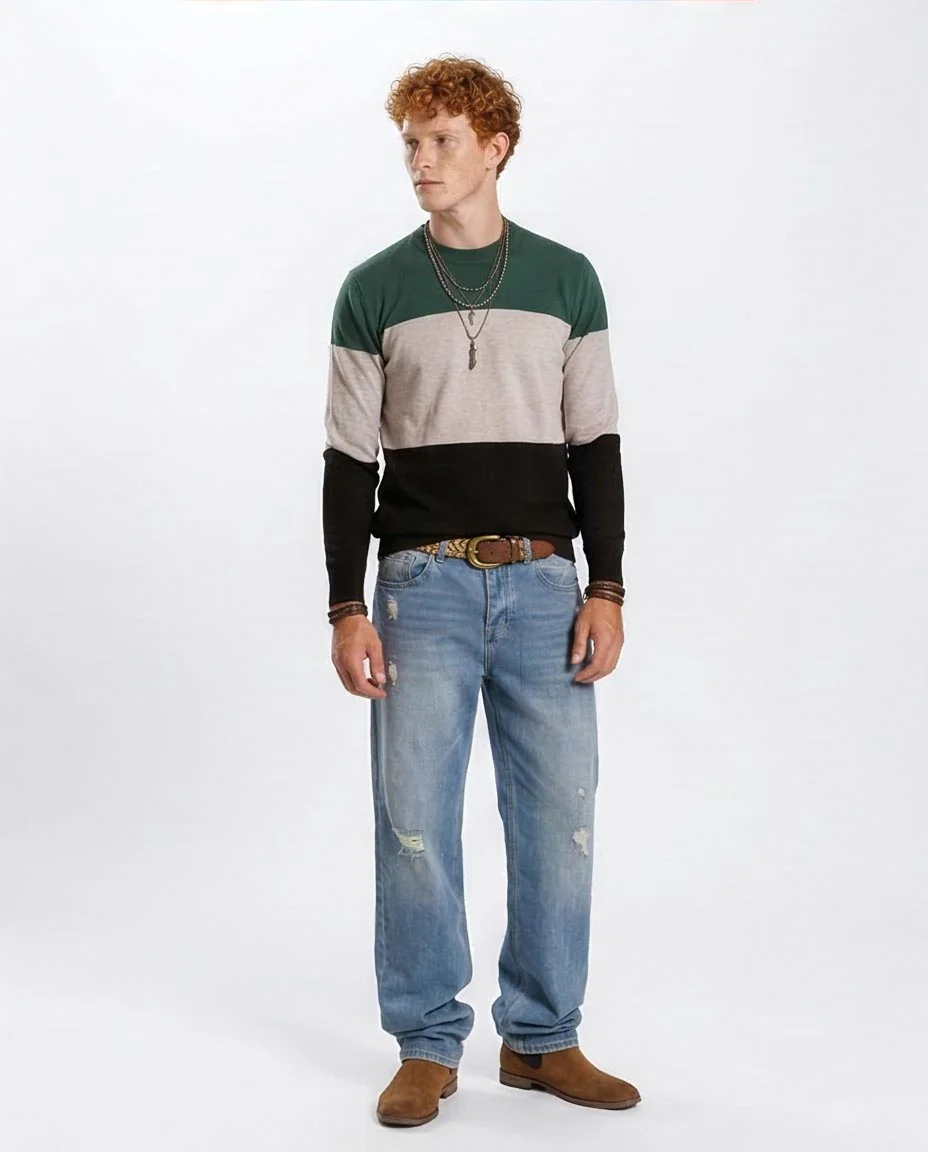 Men's Tri-Tone Color-Block Crew Neck Pullover - O201338 - Image 3