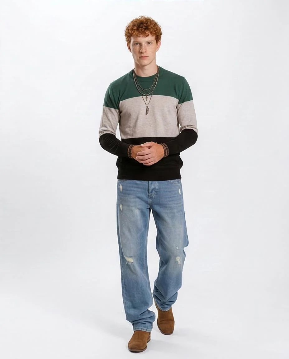 Men's Tri-Tone Color-Block Crew Neck Pullover - O201338 - Image 5