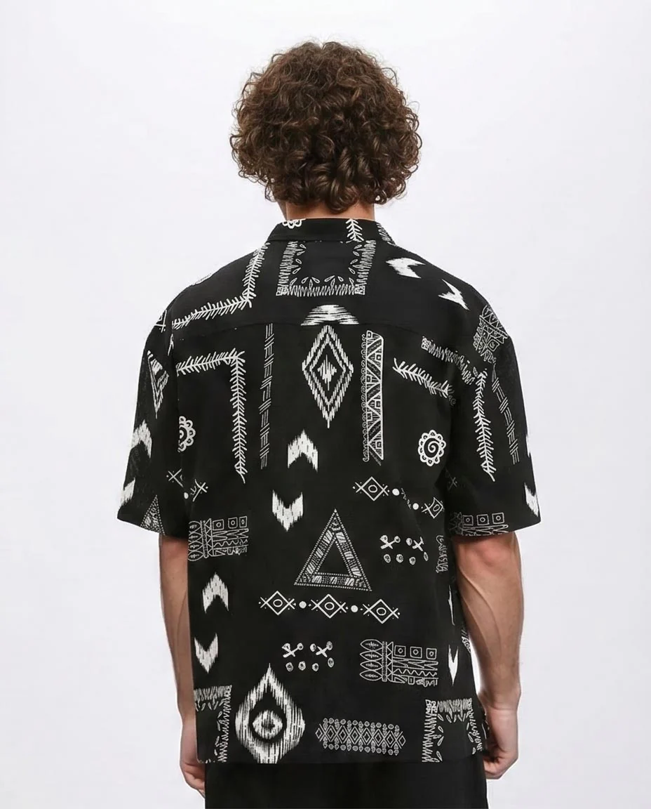 Ravin Men’s Tribal Woodblock Print Camp Collar Shirt – Black & White - R209205 - Image 2