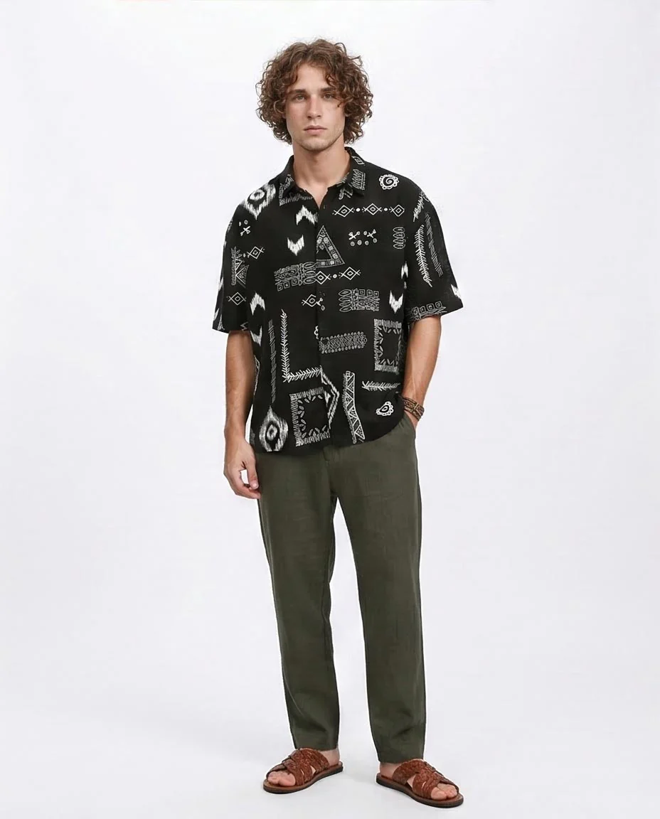 Ravin Men’s Tribal Woodblock Print Camp Collar Shirt – Black & White - R209205 - Image 3
